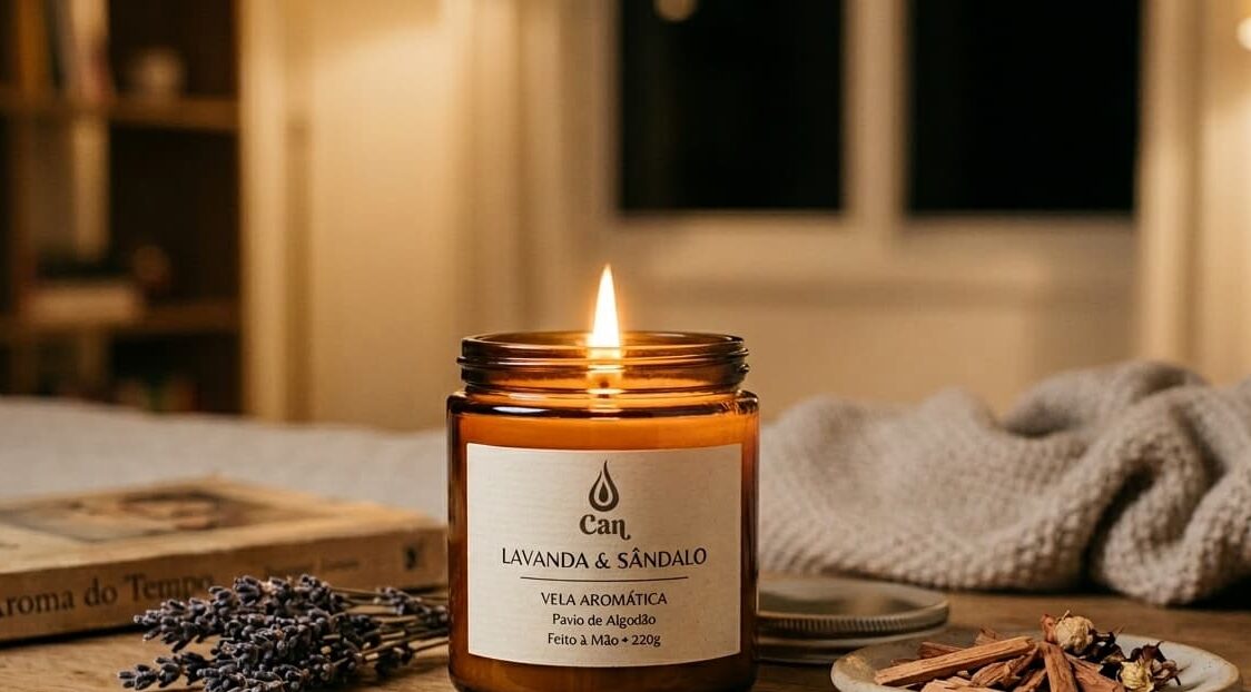 Foto de vela aromática em casa, pronta para acender em ambientes aconchegantes