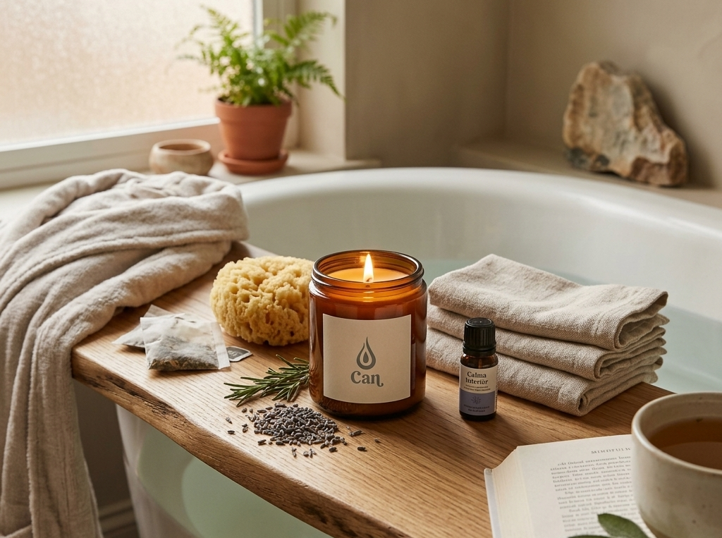 vela de autocuidado da Can Candles, exposta em um banheiro pronto para um momento relaxante e renovador