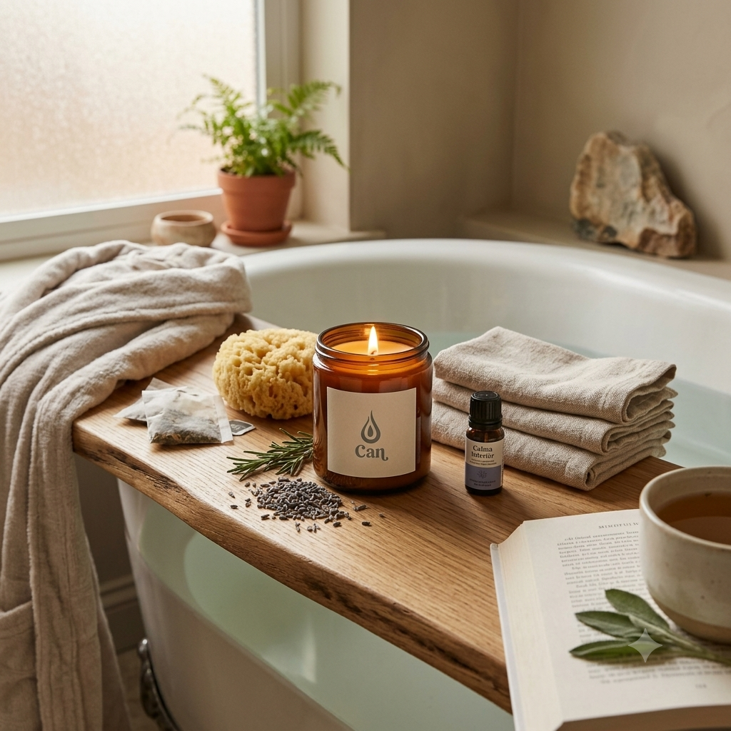 vela de autocuidado da Can Candles, exposta em um banheiro pronto para um momento relaxante e renovador